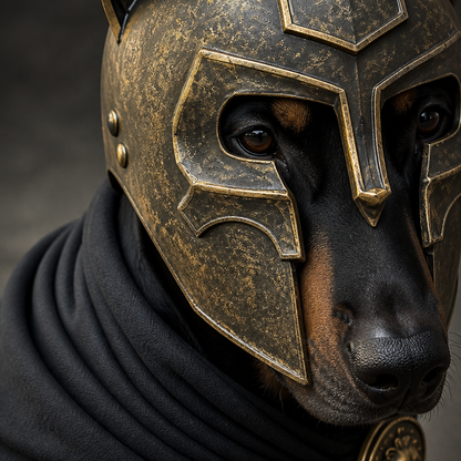 WoofWar Helmet macro detail of bronze texture and cape