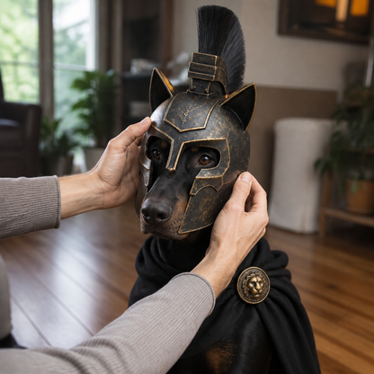 WoofWar Helmet being placed on dog by hand