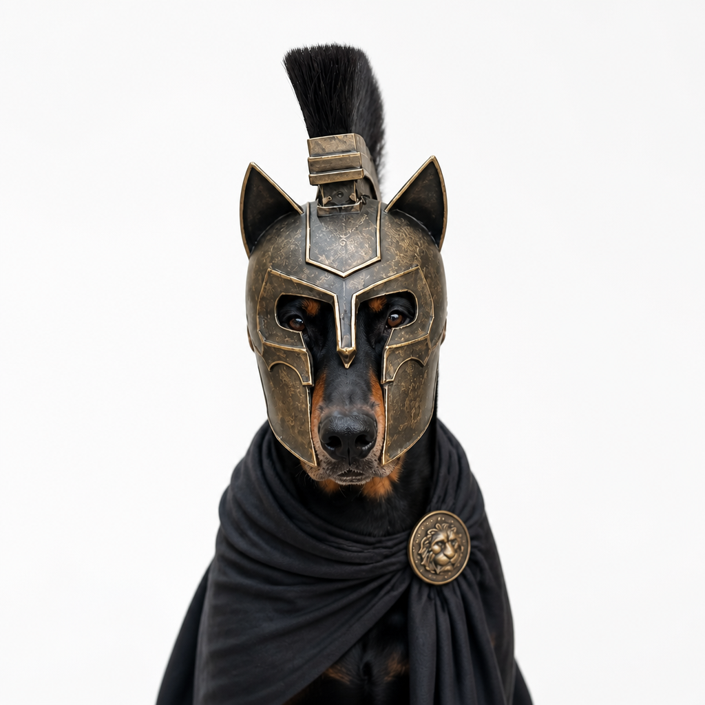 WoofWar Helmet - bronze Spartan cat-ear helmet on Doberman - studio product shot